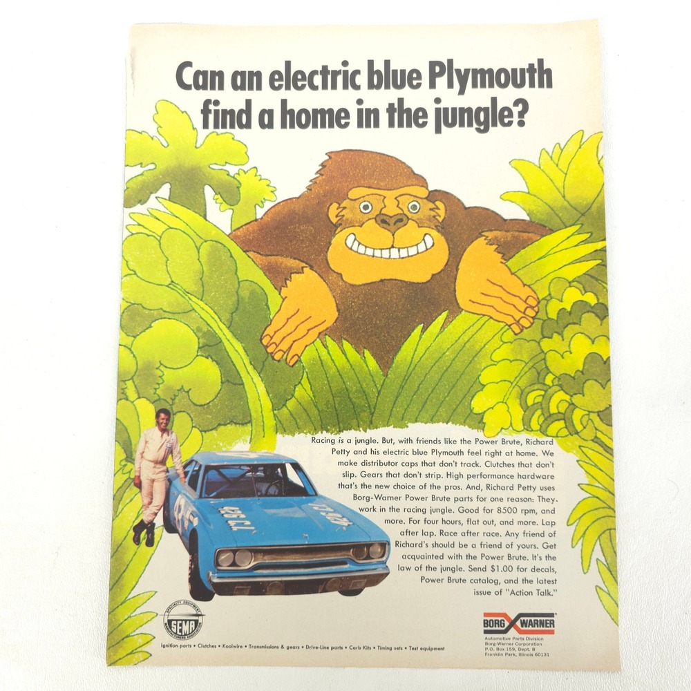 Vintage 1971 Plymouth Road Runner Richard Petty Print Ad NASCAR Advertising Art